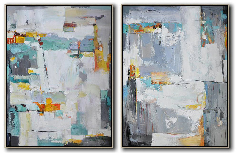 Large Abstract Painting Canvas Art,Set Of 2 Contemporary Art On Canvas,Giant Canvas Wall Art,Grey,Blue,White,Yellow,Sky Blue.etc